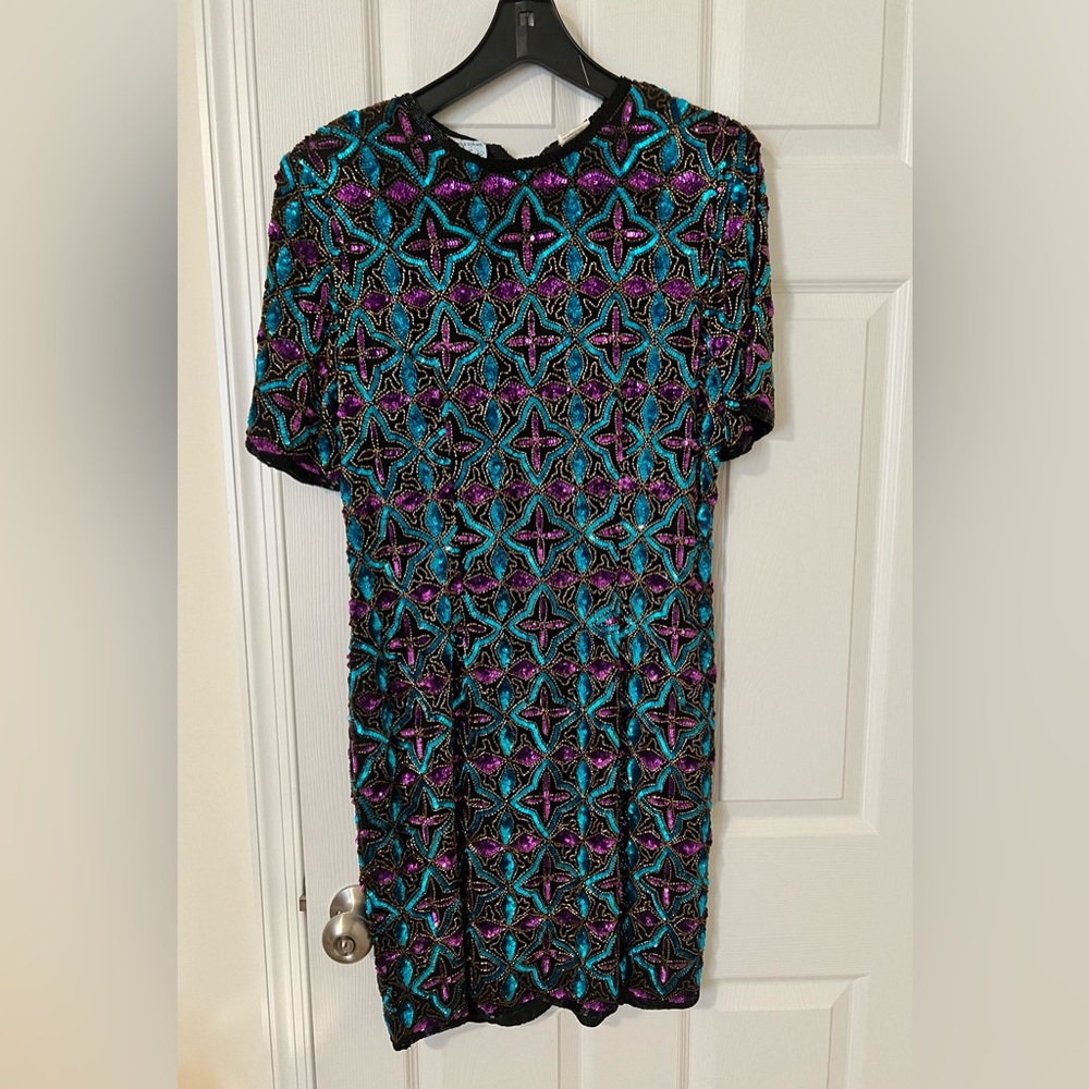 Vintage Sequin Party Cocktail Dress Peacock Colors